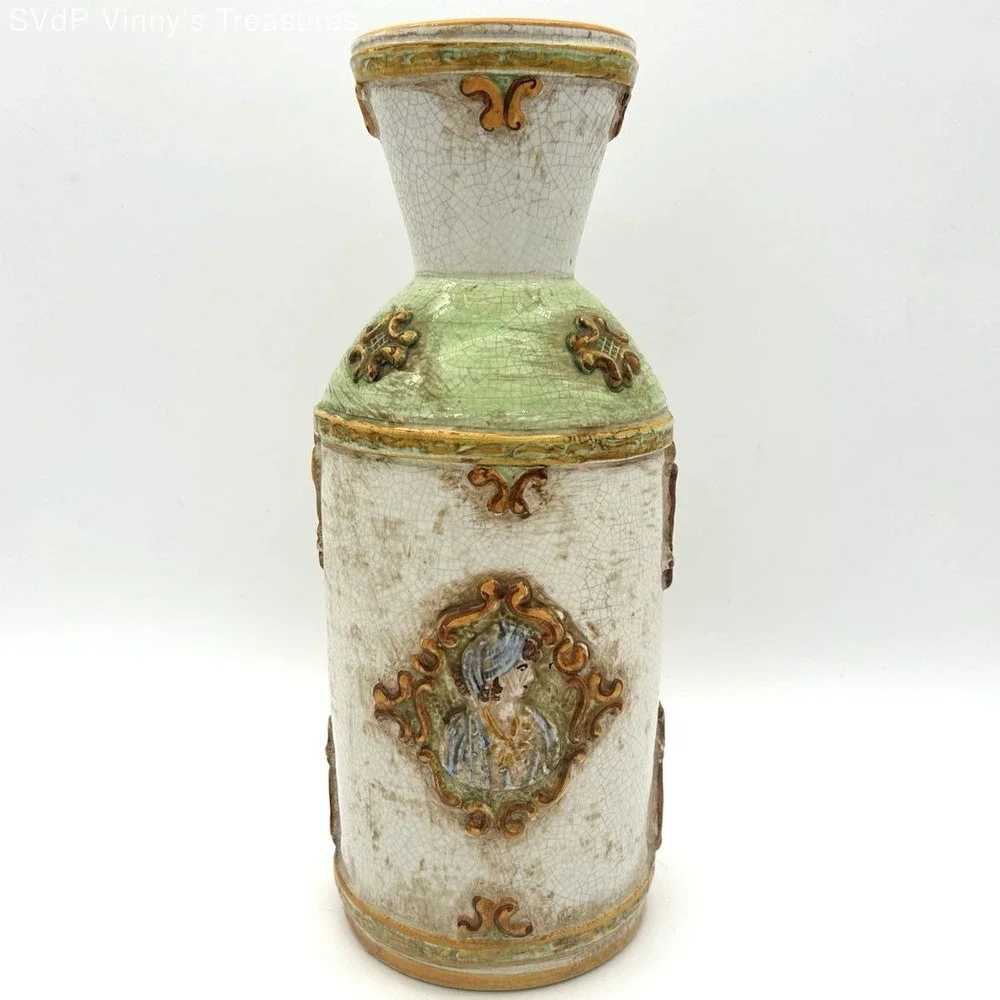 Vintage Italian Majolica Pottery Vase Hand Painted Crackle Glaze Figural Decor